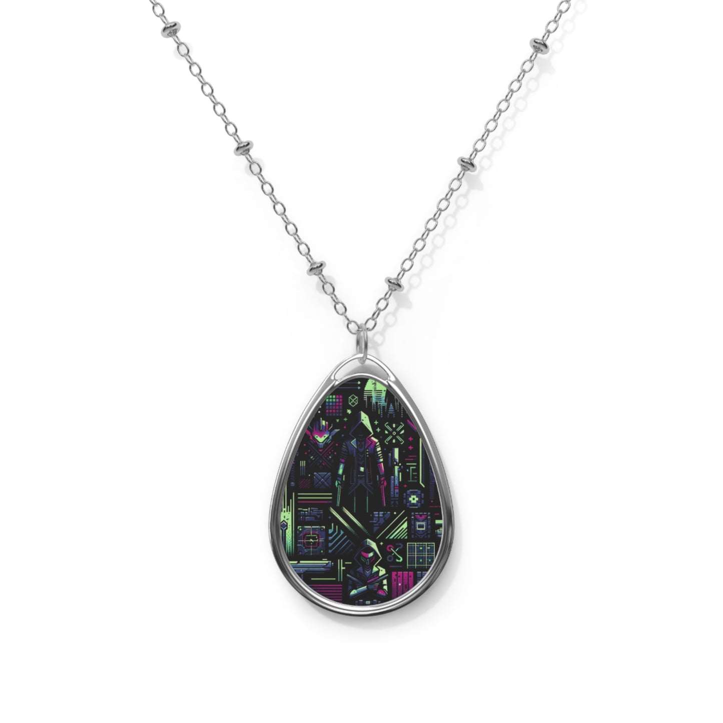Tech Noir Futuristic Cyberpunk Oval Necklace - 8404 Design-63