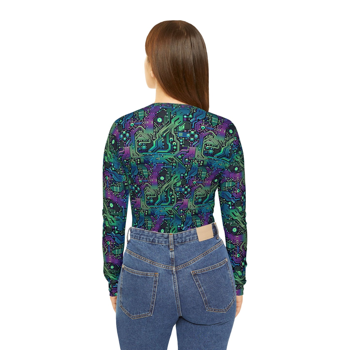 Tech-Infused Neon Tech-Forward Streetwear Women's Long Sleeve V-Neck Shirt - 8404 Design-66
