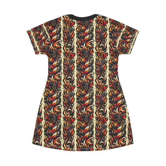 Flame Graphics Maximalist Streetwear T-Shirt Dress - 8404 Design-65
