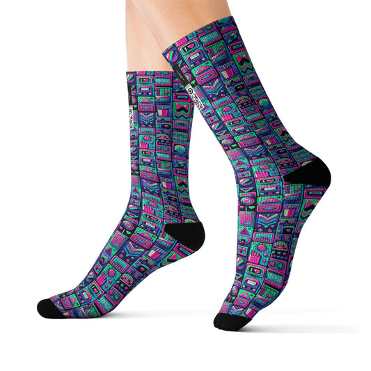 Neon Retro Revival Retro Futurism Sublimation Socks - 8404 Design-60