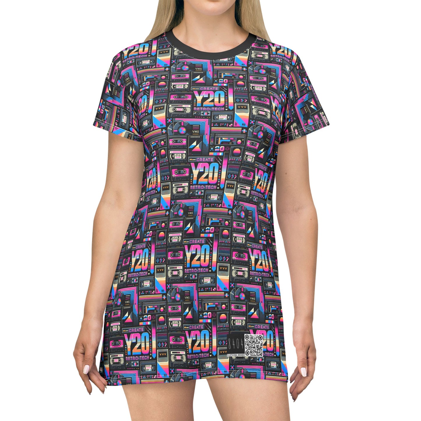 Digital Nostalgia Tech-Inspired Retro Fusion T-Shirt Dress - 8404 Design-65