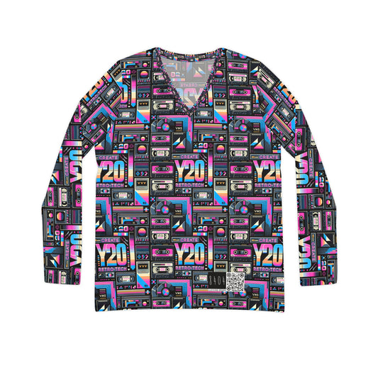 Digital Nostalgia Tech-Inspired Retro Fusion Women's Long Sleeve V-Neck Shirt - 8404 Design-65