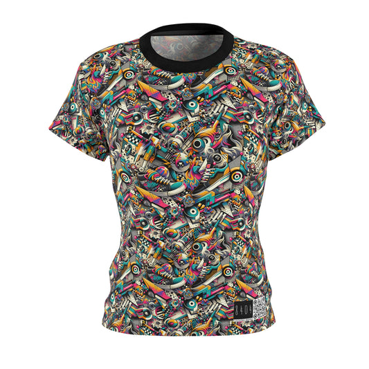 Urban Graffiti Fusion Eclectic Street Art Meets Modern Tech Culture Women's Cut & Sew Tee - 8404 Design-55