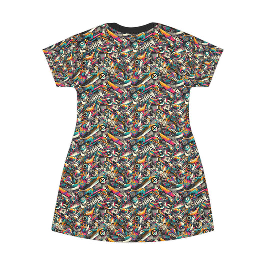 Urban Graffiti Fusion Eclectic Street Art Meets Modern Tech Culture T-Shirt Dress - 8404 Design-55