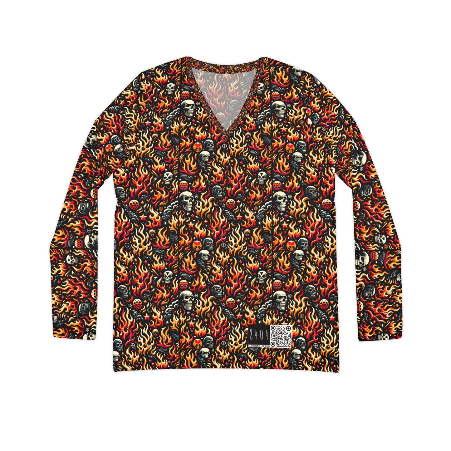 Flame Graphics Maximalist Streetwear Women's Long Sleeve V-Neck Shirt - 8404 Design-76