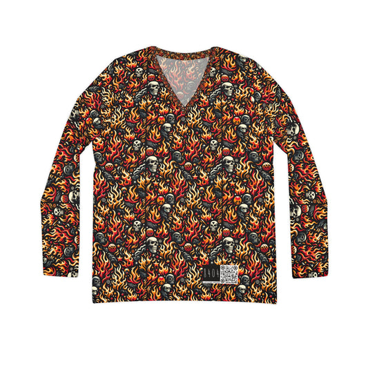 Flame Graphics Maximalist Streetwear Women's Long Sleeve V-Neck Shirt - 8404 Design-76