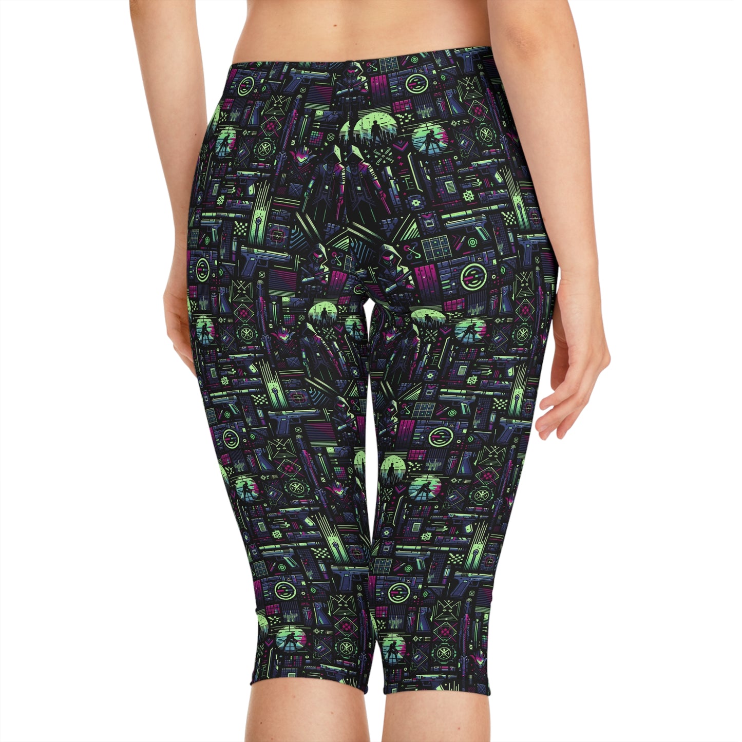 Tech Noir Futuristic Cyberpunk Women's Capri Leggings - 8404 Design-63