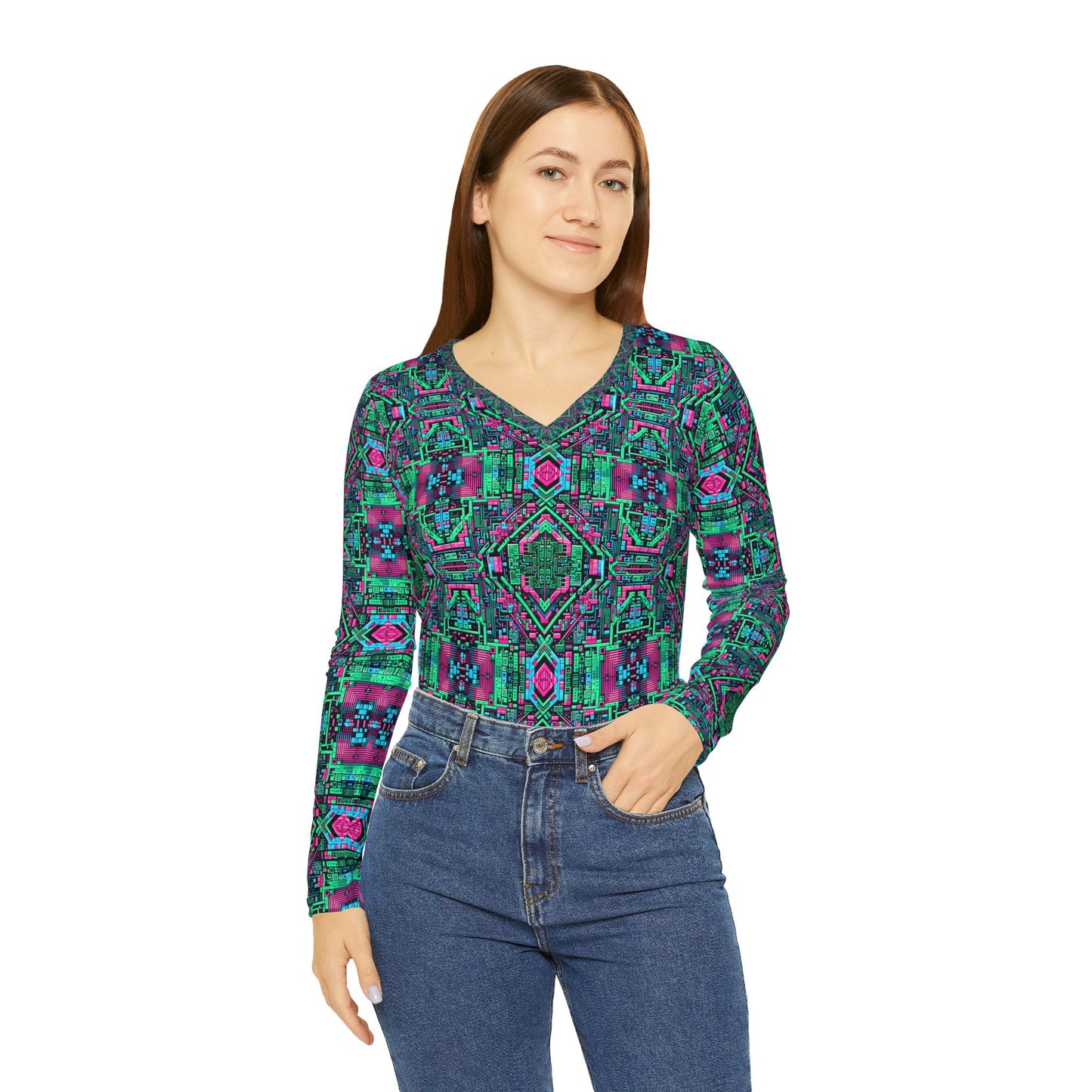 Digital Glitch Vibes Tech-Inspired Streetwear Women's Long Sleeve V-Neck Shirt - 8404 Design-71