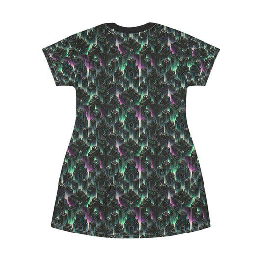 Tech Noir Aesthetics Tech-Forward Urban Dystopia T-Shirt Dress - 8404 Design-44