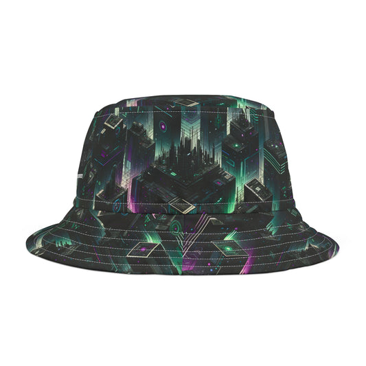 Tech Noir Aesthetics Tech-Forward Urban Dystopia Bucket Hat - 8404 Design-44
