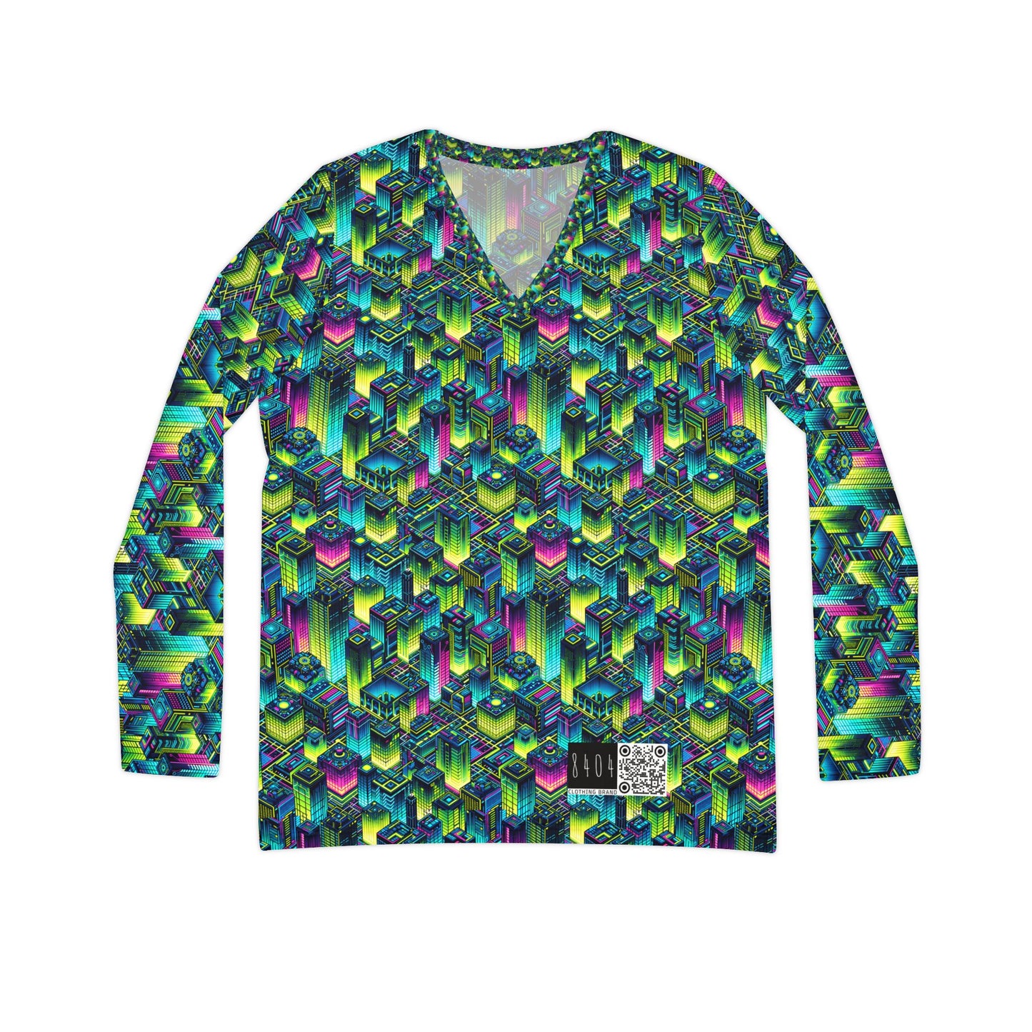 Tech-Infused Neon Tech-Forward Streetwear Women's Long Sleeve V-Neck Shirt - 8404 Design-65