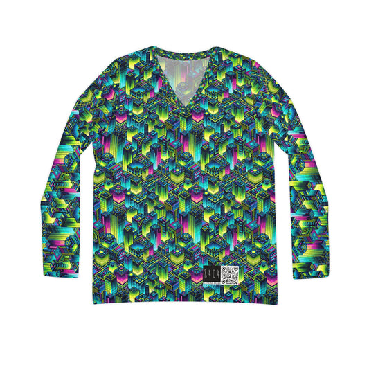Tech-Infused Neon Tech-Forward Streetwear Women's Long Sleeve V-Neck Shirt - 8404 Design-65
