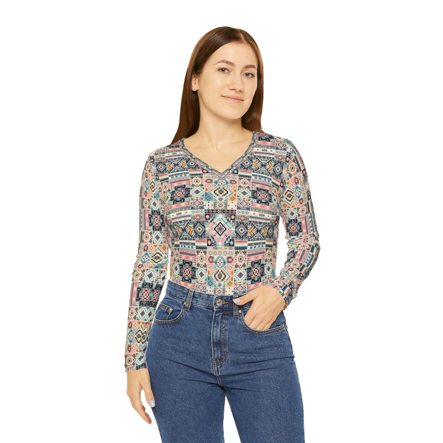 Digital Artisanal Fusion Digital Artisanal Women's Long Sleeve V-Neck Shirt - 8404 Design-55