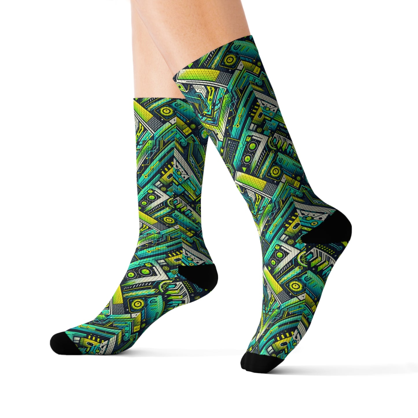 Tech-Infused Neon Tech-Forward Streetwear Sublimation Socks - 8404 Design-52