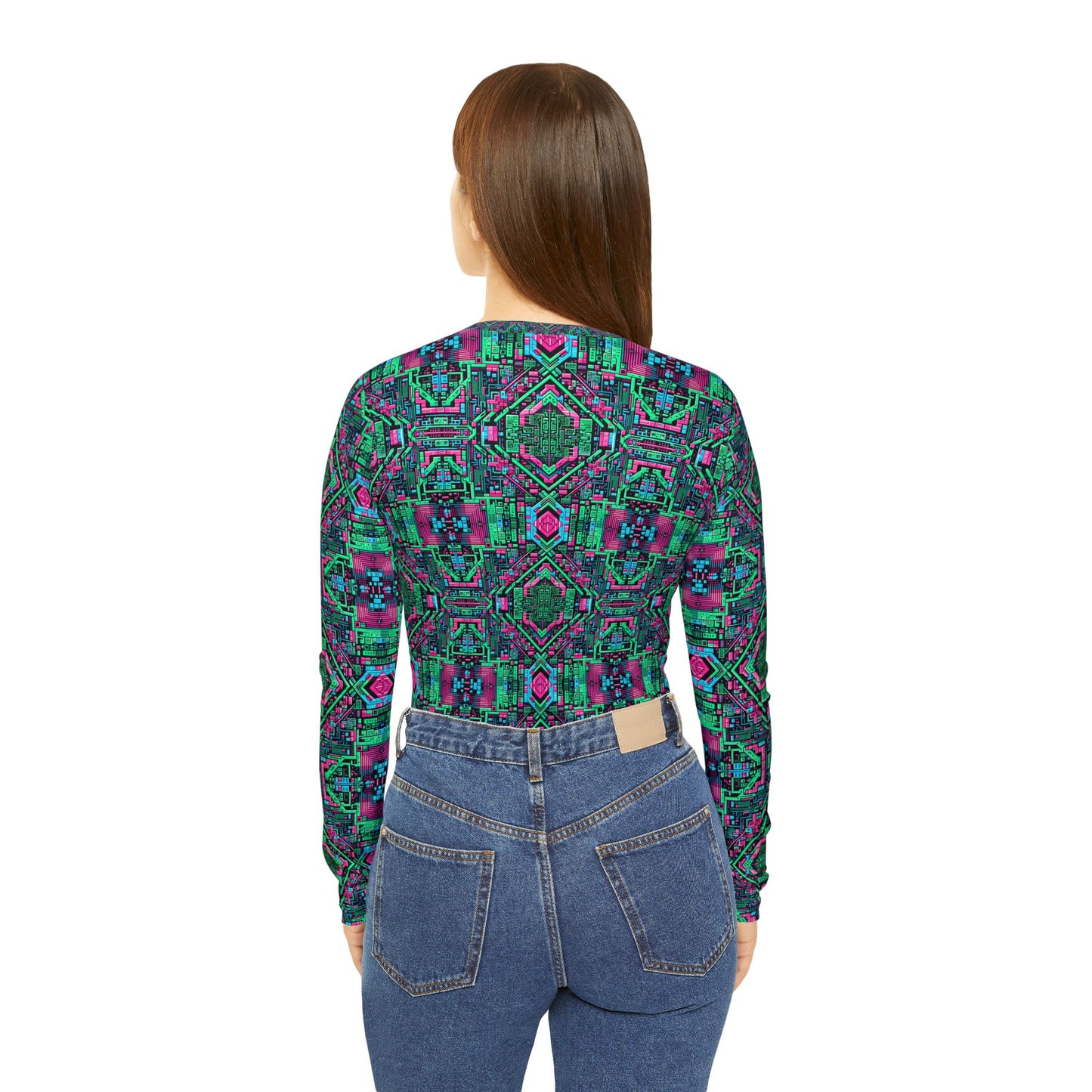 Digital Glitch Vibes Tech-Inspired Streetwear Women's Long Sleeve V-Neck Shirt - 8404 Design-71