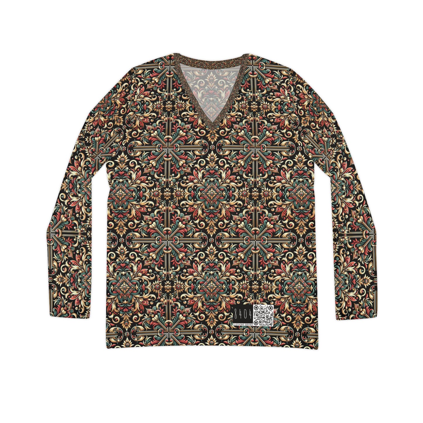 Streetwear Renaissance Artistic Clash of Old and New Women's Long Sleeve V-Neck Shirt - 8404 Design-46