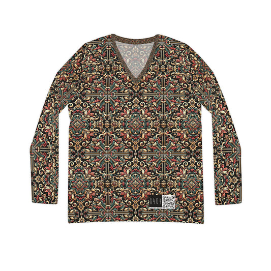 Streetwear Renaissance Artistic Clash of Old and New Women's Long Sleeve V-Neck Shirt - 8404 Design-46