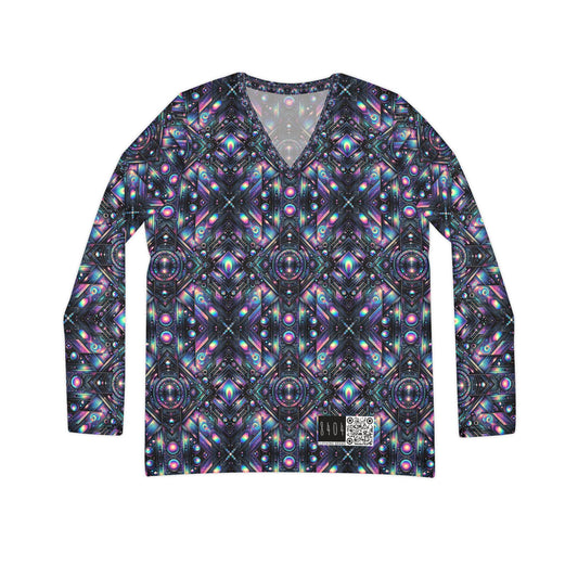 Galactic Hues Tech-Forward Cosmic Fusion Women's Long Sleeve V-Neck Shirt - 8404 Design-58