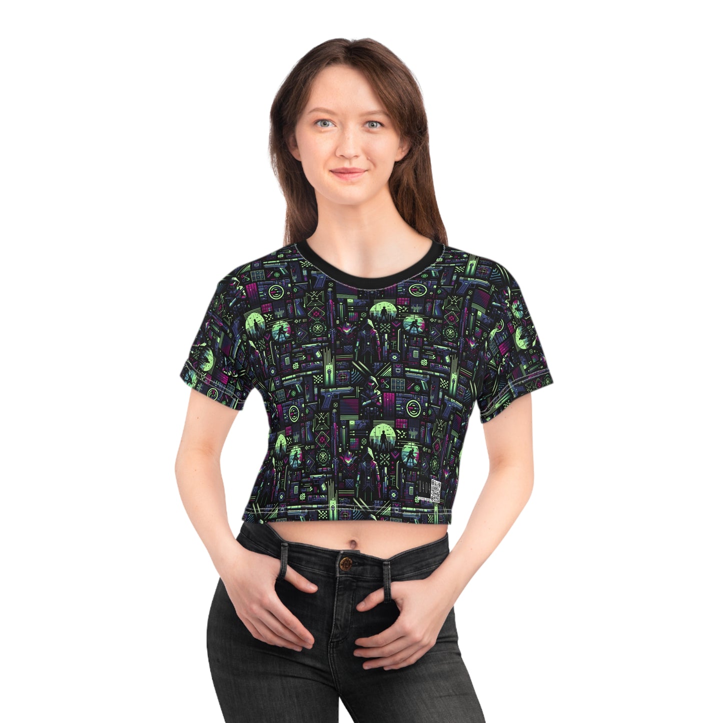 Tech Noir Futuristic Cyberpunk Crop Tee - 8404 Design-63