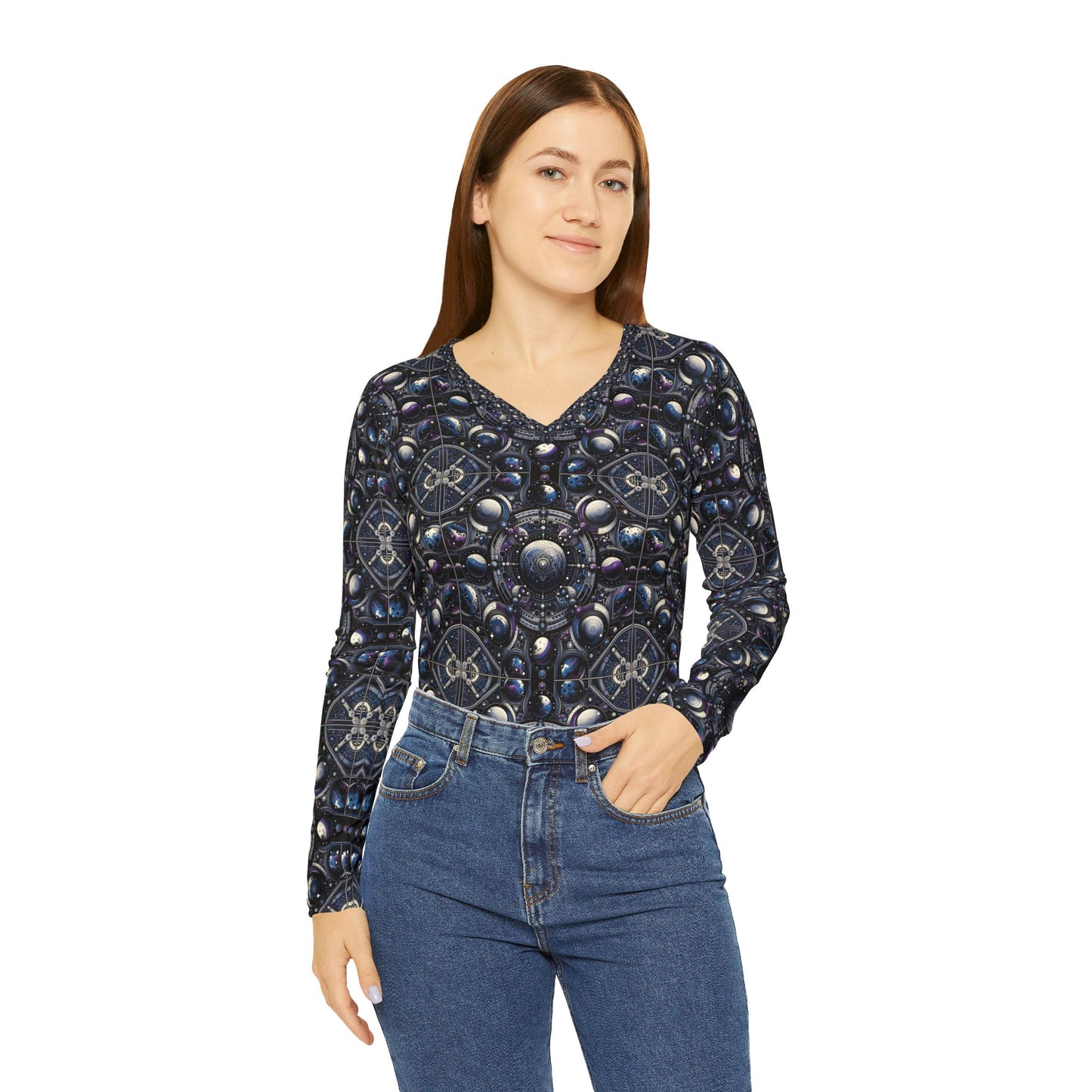 Tech Astronaut Tech-Forward Streetwear Meets Space Exploration Women's Long Sleeve V-Neck Shirt - 8404 Design-46