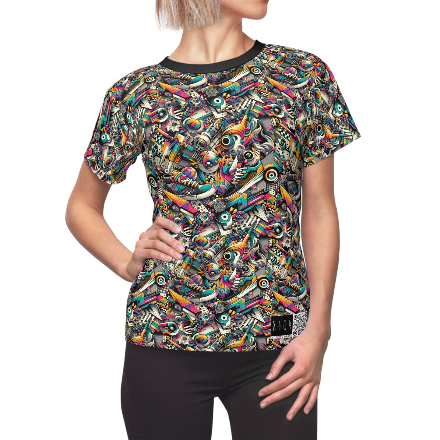 Urban Graffiti Fusion Eclectic Street Art Meets Modern Tech Culture Women's Cut & Sew Tee - 8404 Design-55