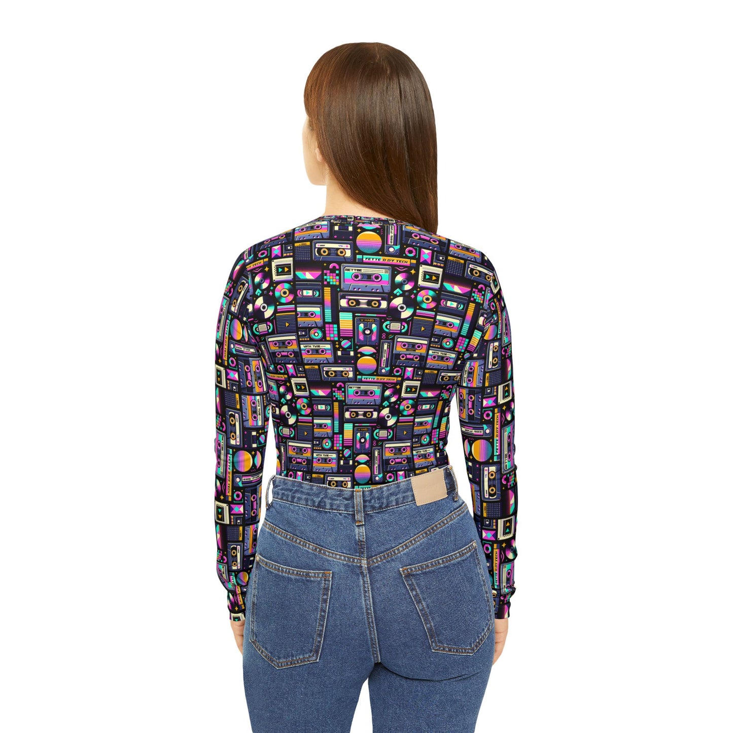 Digital Nostalgia Tech-Inspired Retro Fusion Women's Long Sleeve V-Neck Shirt - 8404 Design-48