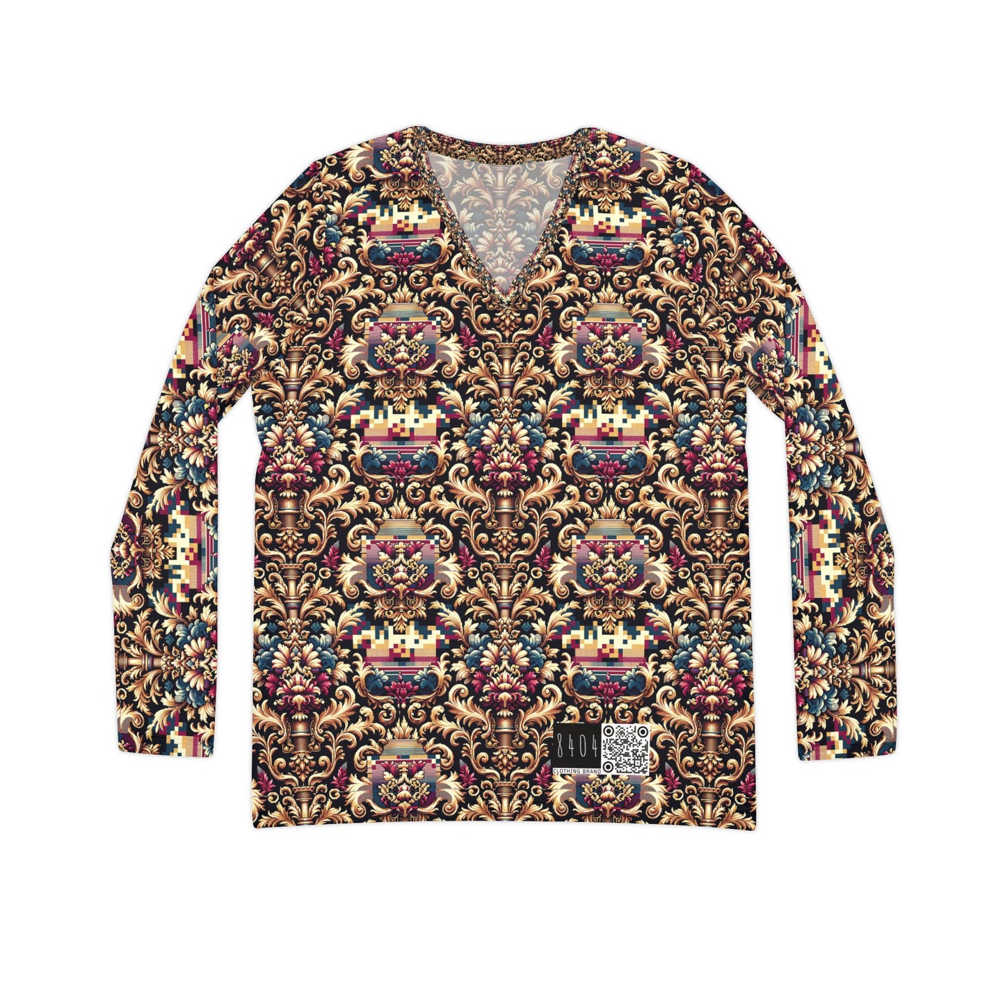 Digital Renaissance Modern Baroque Fusion Women's Long Sleeve V-Neck Shirt - 8404 Design-53