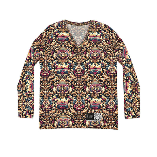 Digital Renaissance Modern Baroque Fusion Women's Long Sleeve V-Neck Shirt - 8404 Design-53