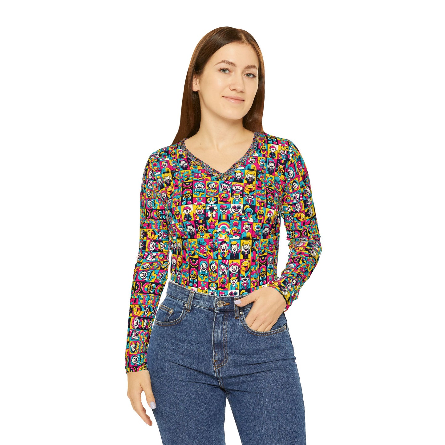 Neon Pop Playful Pop Culture Mashup Women's Long Sleeve V-Neck Shirt - 8404 Design-60
