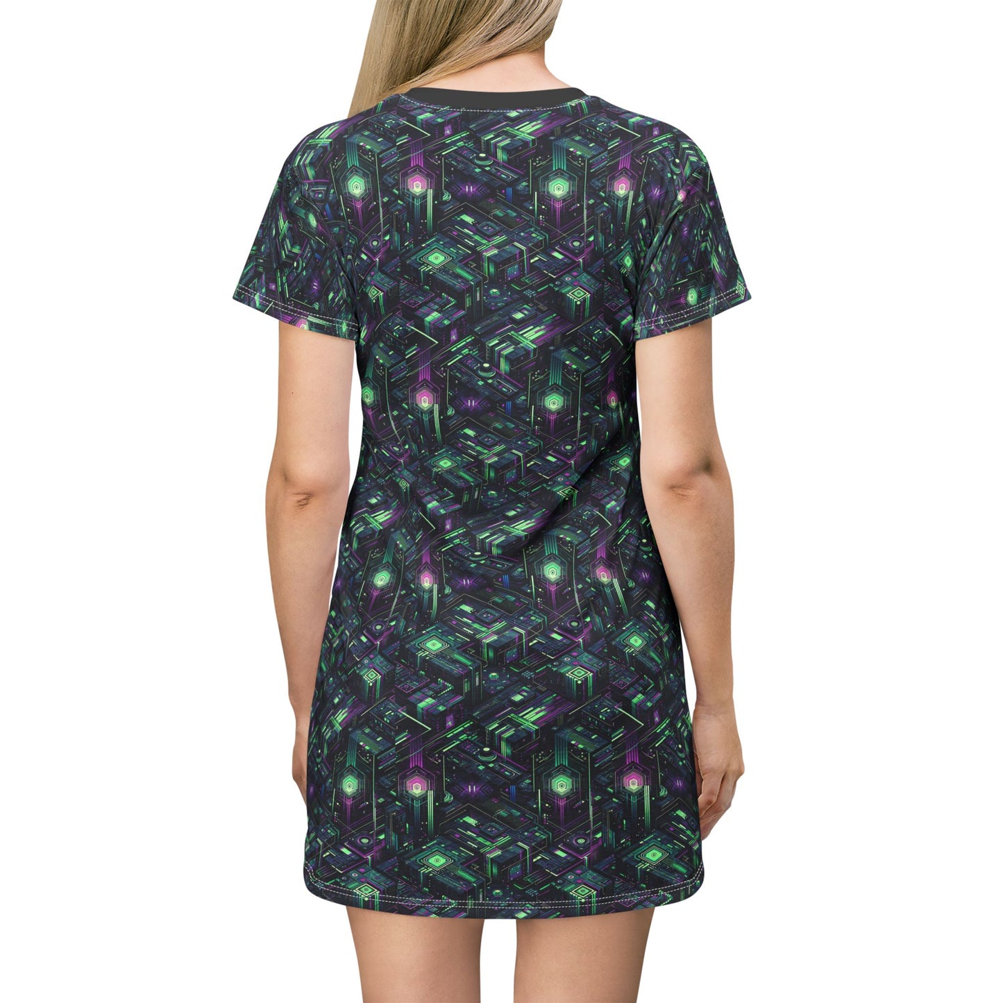 Tech Noir Aesthetics Tech-Forward Urban Dystopia T-Shirt Dress - 8404 Design-43