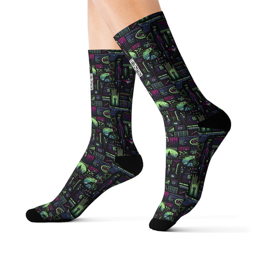 Tech Noir Futuristic Cyberpunk Sublimation Socks - 8404 Design-63
