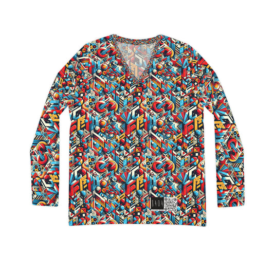 Neo-Traditional Street Art Modern Street Art Fusion Women's Long Sleeve V-Neck Shirt - 8404 Design-67