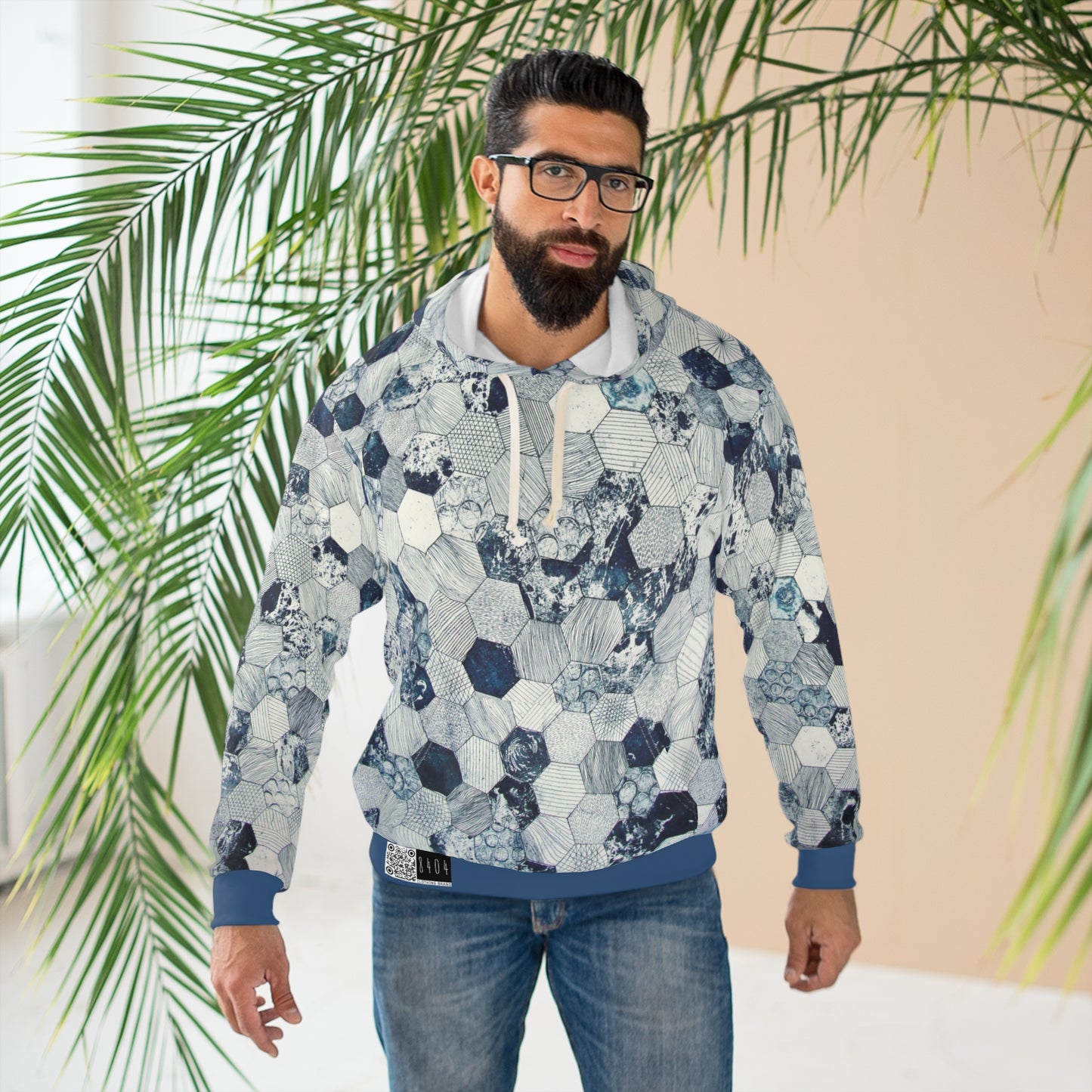 8404 Unisex Adult "hexagon in Blue" Fashion Pullover Hoodie