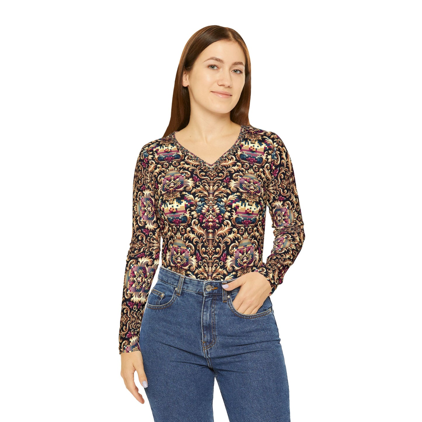 Digital Renaissance Modern Baroque Fusion Women's Long Sleeve V-Neck Shirt - 8404 Design-53