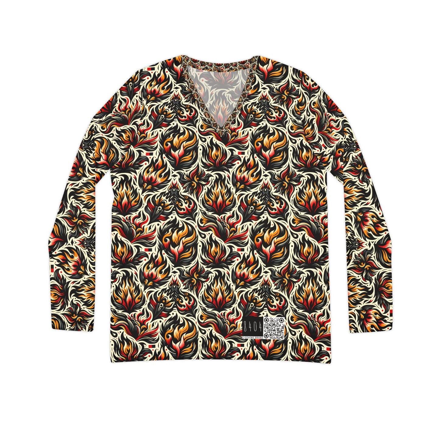 Fire & Flames Bold Streetwear Statement Women's Long Sleeve V-Neck Shirt - 8404 Design-57