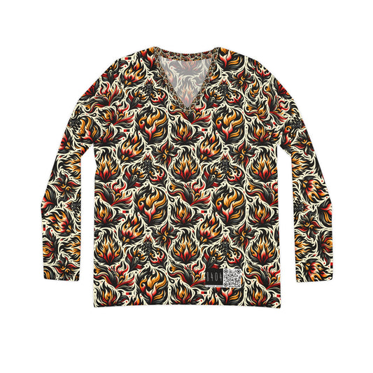 Fire & Flames Bold Streetwear Statement Women's Long Sleeve V-Neck Shirt - 8404 Design-57