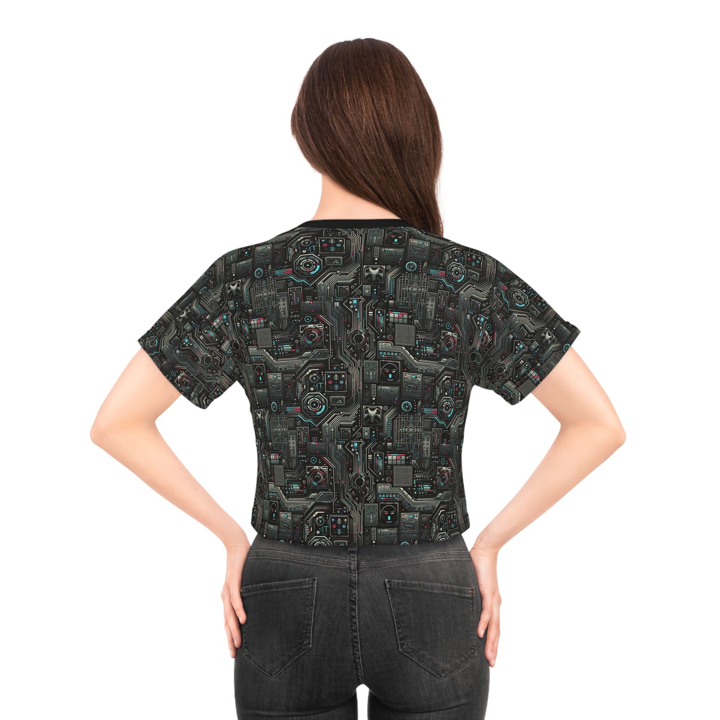 Tech Noir Aesthetics Sleek Tech Streetwear Crop Tee - 8404 Design-52