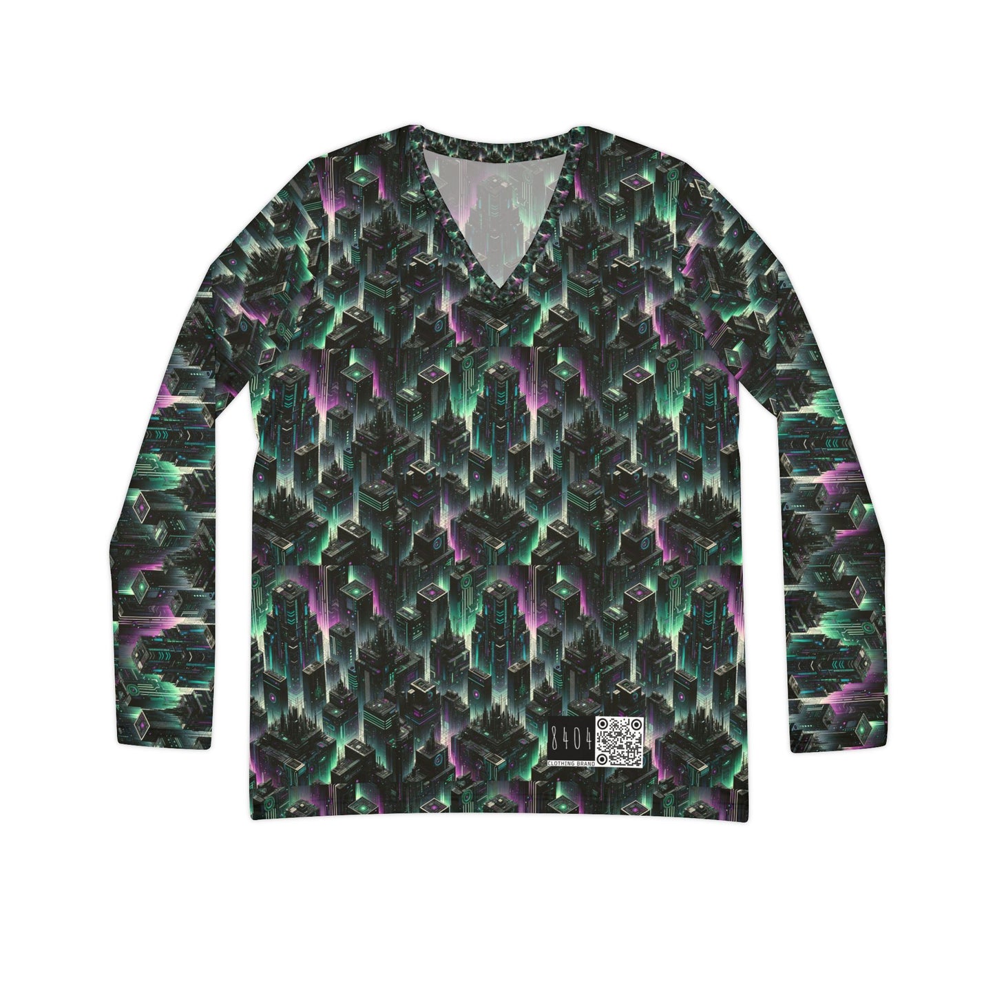 Tech Noir Aesthetics Tech-Forward Urban Dystopia Women's Long Sleeve V-Neck Shirt - 8404 Design-44