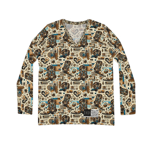 Digital Cowboy Chic Tech-Infused Western Fusion Women's Long Sleeve V-Neck Shirt - 8404 Design-45