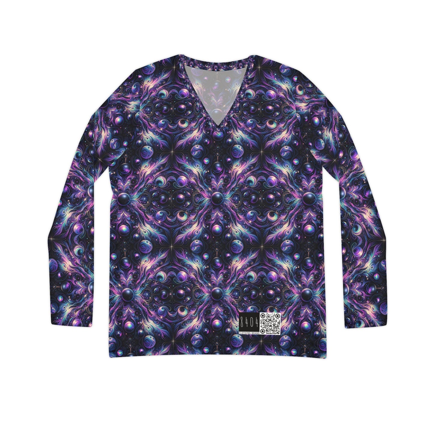 Galactic Hues Tech-Forward Cosmic Fusion Women's Long Sleeve V-Neck Shirt - 8404 Design-41