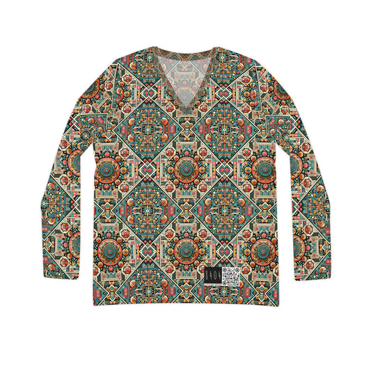 Cultural Fusion Tech Blend of Cultural Heritage With Tech-Inspired Elements Women's Long Sleeve V-Neck Shirt - 8404 Design-74