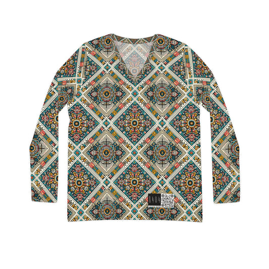 Cultural Fusion Tech Blend of Cultural Heritage With Tech-Inspired Elements Women's Long Sleeve V-Neck Shirt - 8404 Design-64