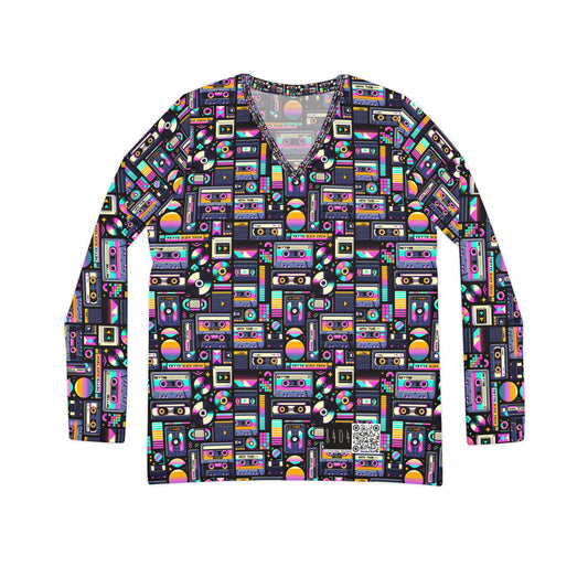 Digital Nostalgia Tech-Inspired Retro Fusion Women's Long Sleeve V-Neck Shirt - 8404 Design-48
