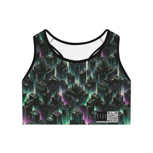 Tech Noir Aesthetics Tech-Forward Urban Dystopia Sports Bra - 8404 Design-44