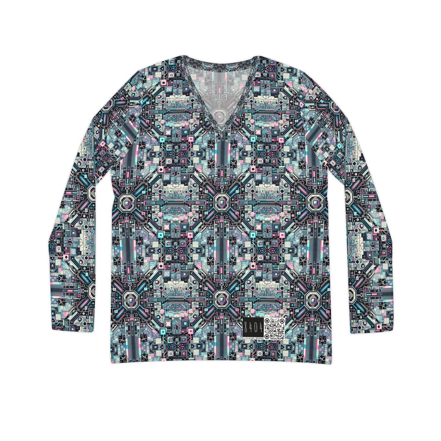 Digital Renaissance Tech-Forward Maximalism Women's Long Sleeve V-Neck Shirt - 8404 Design-44