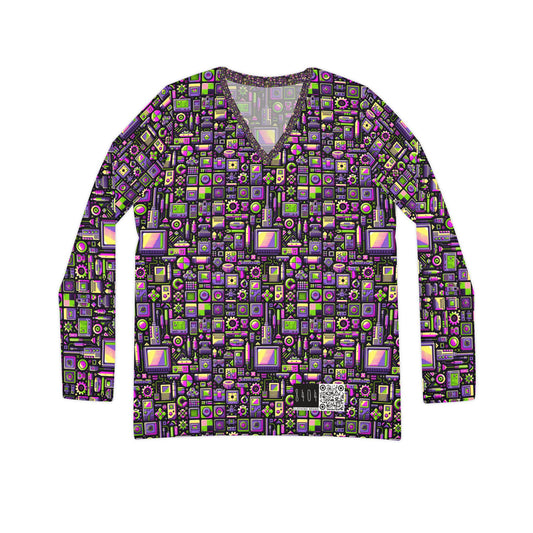 Digital Nostalgia Remix Modern Vintage Fusion Women's Long Sleeve V-Neck Shirt - 8404 Design-67