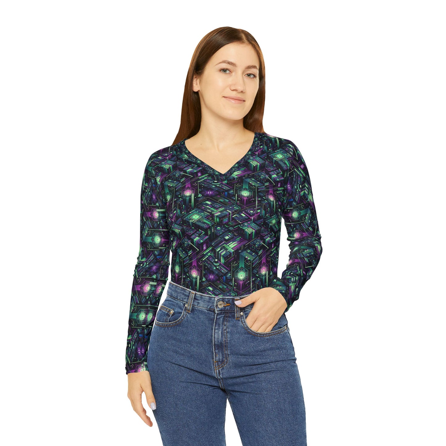 Tech Noir Aesthetics Tech-Forward Urban Dystopia Women's Long Sleeve V-Neck Shirt - 8404 Design-43