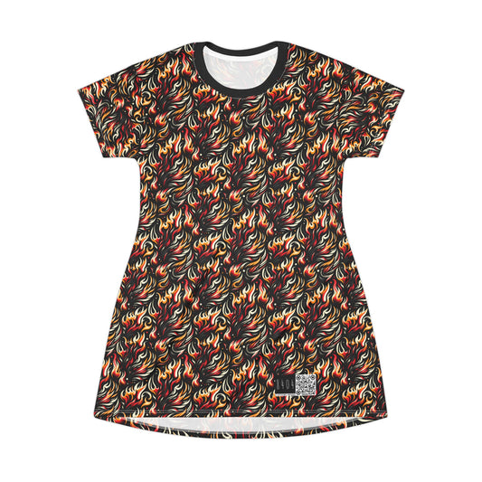 Fire & Flames Bold Streetwear Statement T-Shirt Dress - 8404 Design-60