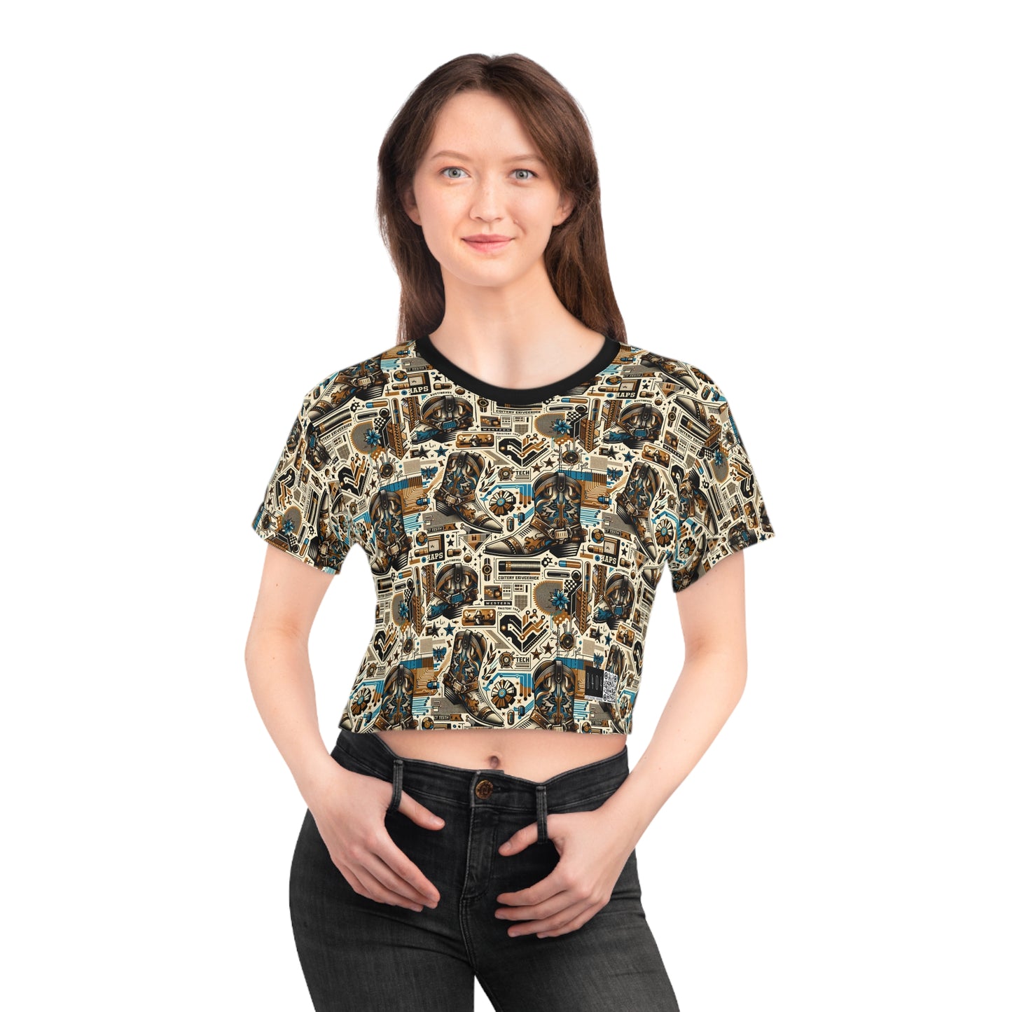 Digital Cowboy Chic Tech-Infused Western Fusion Crop Tee - 8404 Design-45