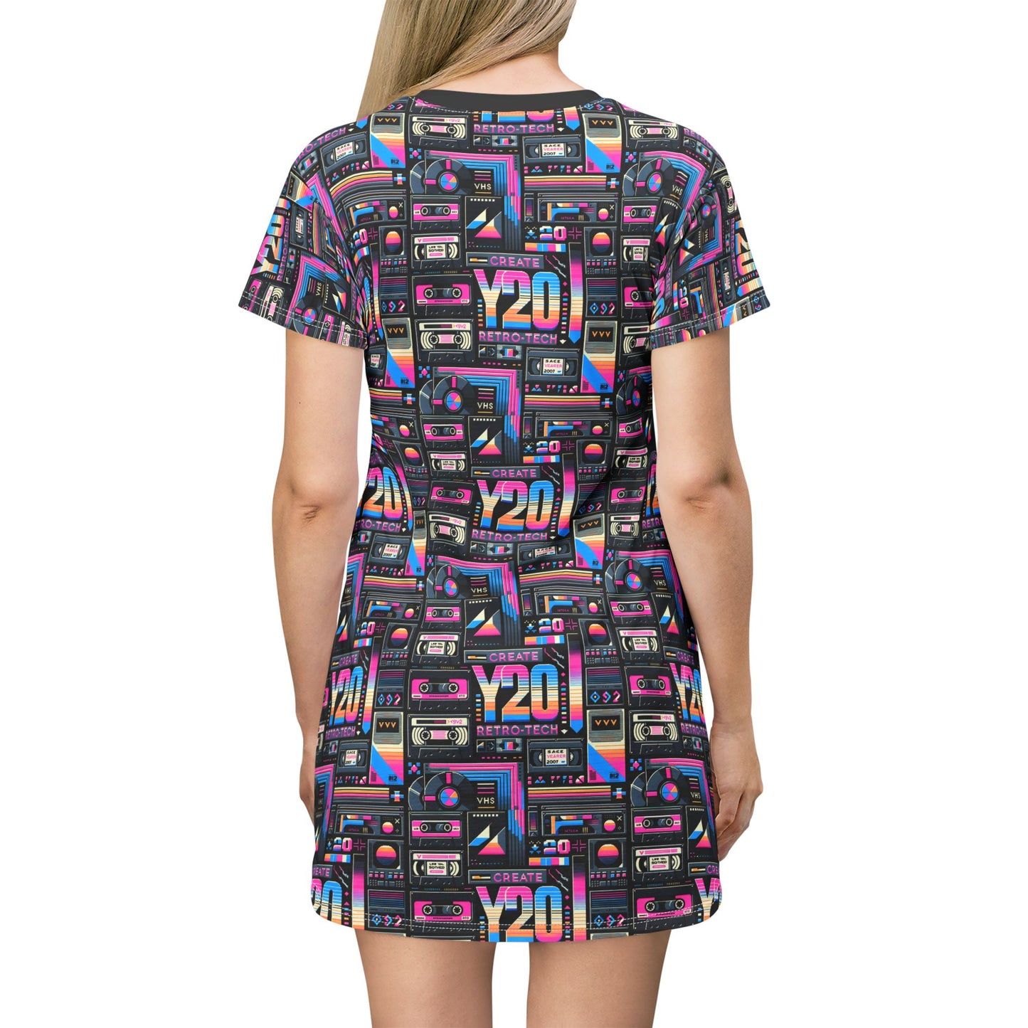 Digital Nostalgia Tech-Inspired Retro Fusion T-Shirt Dress - 8404 Design-65